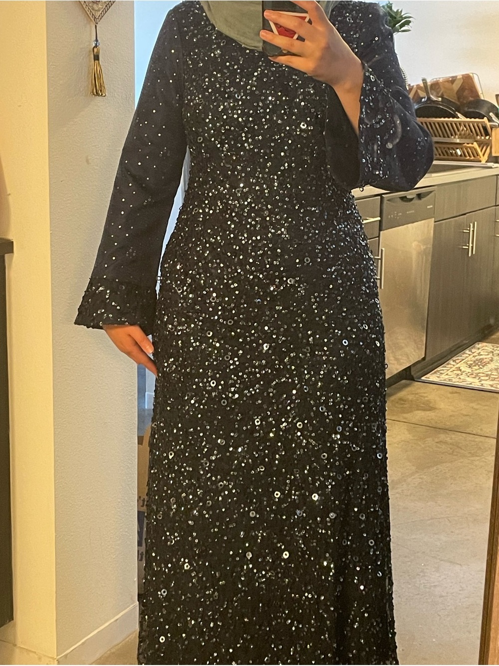 Adrianna Papell Navy Blue Sequin Long-Sleeve Evening Gown